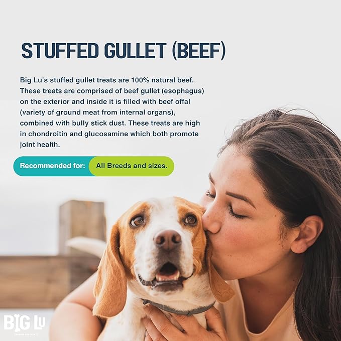 Big Lu - 6-Inch Stuffed Gullet Sticks, 10 Count, Premium Beef Dog Treats, All-Natural, High-Protein, Easily Digestible Chews for Dogs, Supports Dental Health and Joint Mobility
