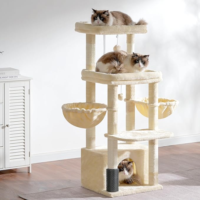 Hey-brother Cat Tree Tower, Scratching Posts with Extra Large Platform, Specious Condo, 2 Cozy Hammocks, Self-Grooming Brush for Indoor Adult Cats, Maine Coon 51.1 inches, Beige MPJ070M