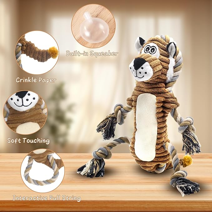 Squeaky Dog Toys, Interactive Tug of War Puppy Toys, Funny Plush Dog Chew Toys, Stuffed Dog Toys for Small,Medium and Large Dogs - Lion