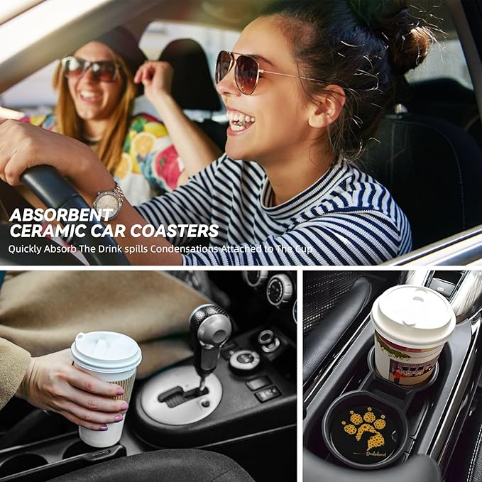 Absorbent Ceramic Car Coasters for Cup Holders, Dachshund Sunflower Dog Paw Design 2.56" Anti Slip Universal Drink Cup Coasters for Women Men (2 Pack)