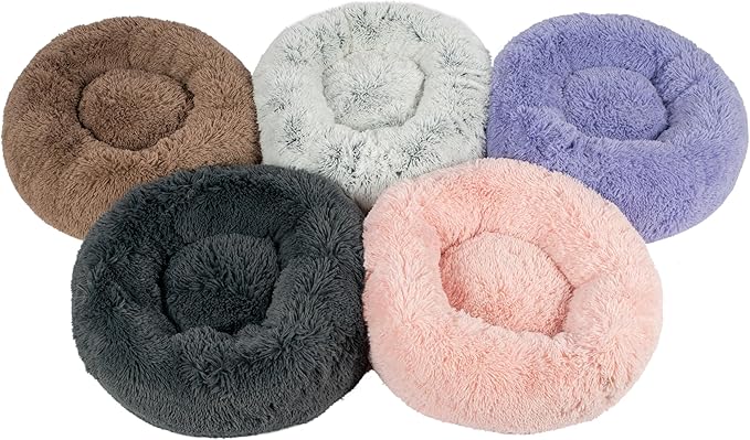 Best Pet Supplies Round Donut Dog Bed with Plush Faux Fur Fabric, Calming, Anti-Anxiety Cushion for Indoor Pets, Slip-Resistant Base, Soft Ergonomic Support - Light Warm Gray, 24x24x7''