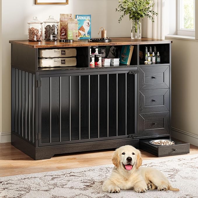 48'' Dog Crate Furniture, Farmhouse Heavy Duty Dog Kennel with Bowl & Storage Drawers, Medium Dog Cage End Table for Small Medium Dogs, Black