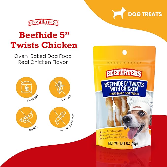 Beefeaters Beefhide 5in Twist with Real Chicken – Protein-Rich Dog Treats for Clean Teeth, Ideal for Training & All Dog Sizes