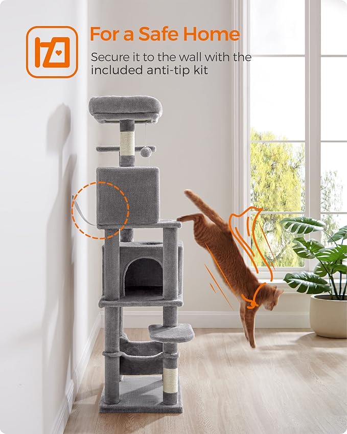 Feandrea Cat Tree, 61-Inch Cat Tower for Indoor Cats, Plush Multi-Level Cat Condo with 5 Scratching Posts, 2 Perches, 2 Caves, Hammock, 2 Pompoms, Light Gray UPCT192W01