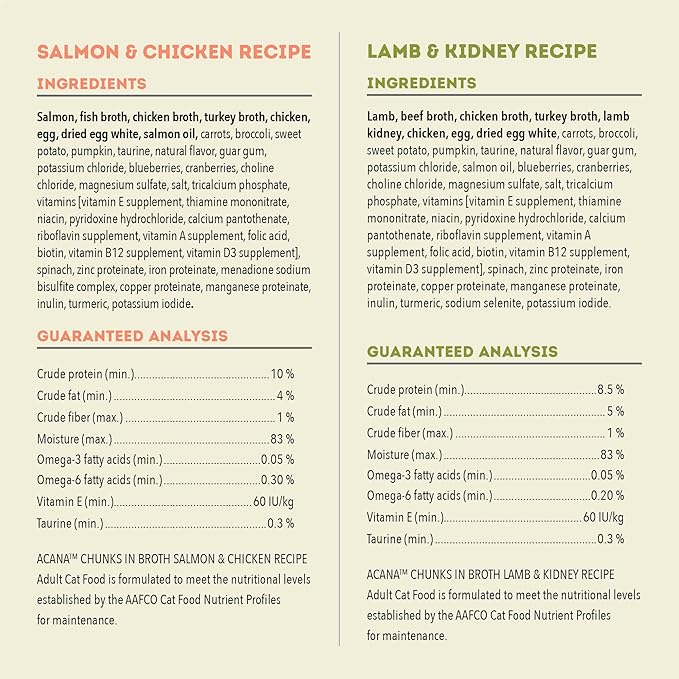 ACANA Chunks in Broth Wet Cat Food Variety Pack: Salmon & Chicken + Lamb & Kidney Recipes 3oz Cans (12 Count, 6 of Each)