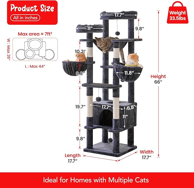 66-Inch Tall Cat Tree for Indoor Cats, Multi-Level Large Cat Tower with 3 Hammocks, 2 Padded Perches, cat Tree Tower with Scratching Post and Hanging Toys for Large Adult,Smoky Grey