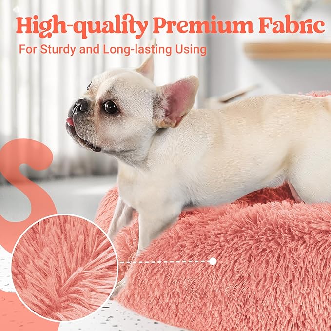 rabbitgoo Calming Dog Bed for Small Medium Dog, 30 inches Pet Bed Machine Washable, Non-Slip Round Fluffy Plush Faux Fur Large Cat Bed, Soft Donut Cuddler Cushion for Small Dog, Pink