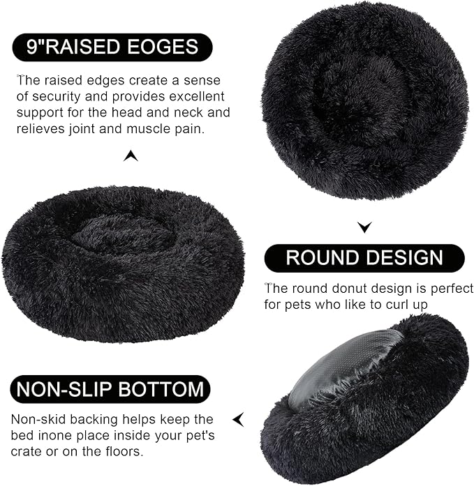 Dog Calming Beds for Small Medium Large Dogs - Round Donut Washable Puppy Dog Bed, Anti-Slip Faux Fur Fluffy Donut Cuddle Anxiety Cat Pet Bed(20" Black