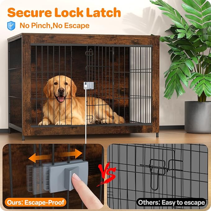 Dog Crate Furniture, Wooden Dog Crate 43in, Decorative Cage with End Table for Dog Indoor Kennel, High Anxiety Dog, Escape-Proof Locks for All Breeds