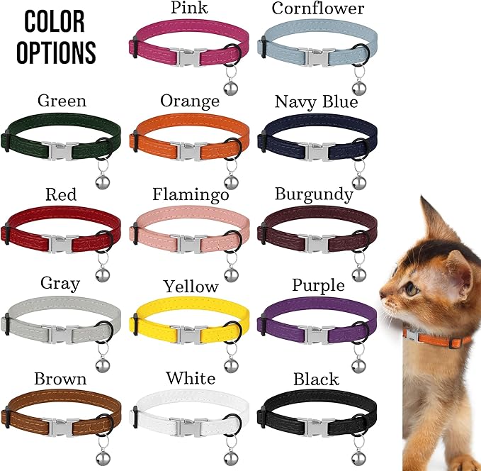 Leather Cat Collar with Buckle and Removable Bell - Non Breakaway Adjustable Soft Safety Small Pet Collars for Girl Boy Cats Kitten (Red)