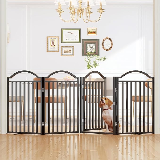 UDD Metal Folding Dog Gate Indoor 96" Extra Wide, 32" Tall Foldable Pet Gate with Door for Stairs Doorways Hallways Porch, Freestanding No Drilling Pet Fence for Dogs Puppy, Black 4-Panel