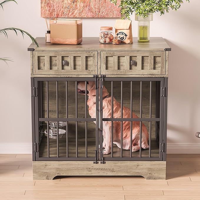 Dog Crate Furniture with 2 Drawers, 35.1" Indoor Wooden Animal Kennel with Detachable & Adjustable Feeder 2 Bowls, Large Medium Small Dog Cage End Table (Brown Gray Alternation)