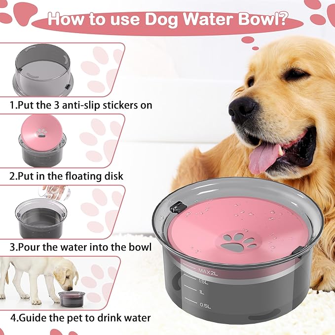2L Dog Water Bowl Large Capacity Slow Water Feeder, No Spill Dog Bowl Splash Proof Pet Water Dispenser,Vehicle Carried Travel Water Floating Bowl for Dogs/Cats/Pets (Pink)