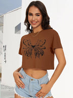 Womens Summer Crop Tops Short Sleeve Round Neck T-Shirts Loose Fit Casual Blouse