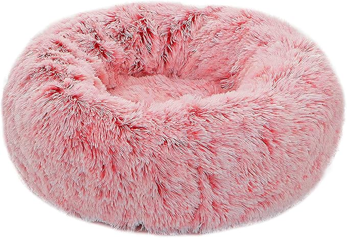 Calming Donut Dog Bed Large, Plush Round Cuddler Dog & Cat Bed, Anit-Anxiety Marshmellow Fluffy Faux Fur Cushion(28", Pink)