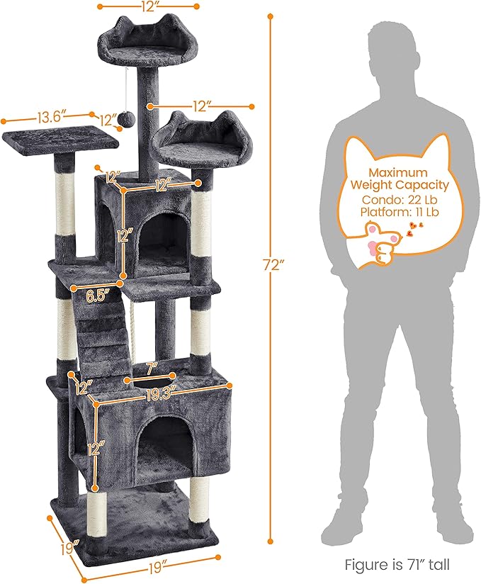 Yaheetech XL Cat Tree, 72in Multi-Level Cat Tower with 2 Cozy Caves, 3 Soft Perches, Scratching Posts, Board, and Dangling Ball, Pet Furniture Play House for Kittens/Cats, Dark Gray