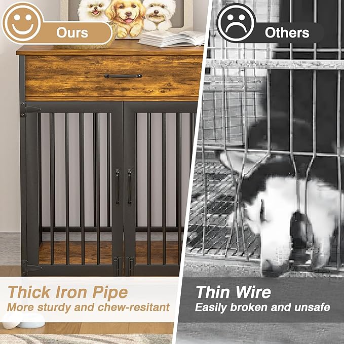 VECELO Dog Crate Furniture, 43 inch Wood Dog Crate End Table with Storage Drawers, Heavy Duty Dog Kennel Furniture Indoor, Rustic Brwon