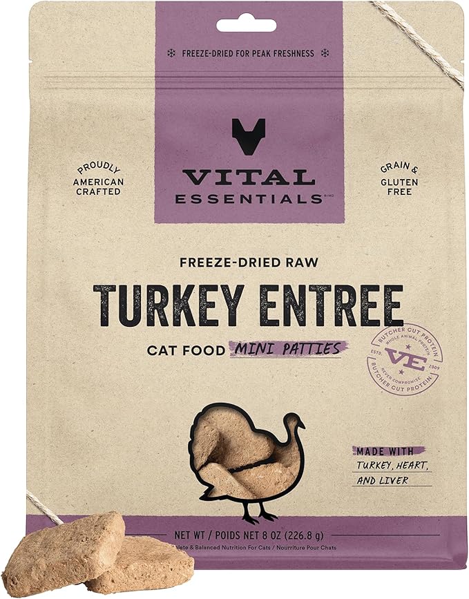 Vital Essentials Freeze Dried Raw Cat Food, Turkey Mini Patties Entree, 8 oz