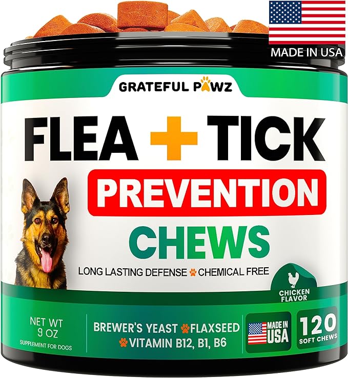 Flea and Tick Prevention for Dogs Chewables - Made in USA - Natural Flea and Tick Chews Supplement - Oral Pills for Dogs - Pest Defense - All Breeds and Ages - 120 Soft Tablets