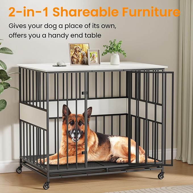 Dog Crate Furniture for Extra Large Dogs, 47 Inch Indoor Kennel, Wooden Pet Cage Decorative Corner End Table with Caster Wheels & Double Removable Tray, White