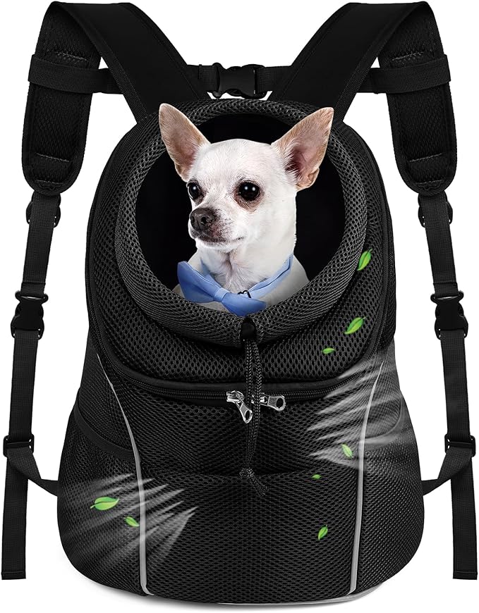 WOYYHO Pet Dog Carrier Backpack Small Dog Front Backpack Ventilated Dog Carrier Back Pack with Storage Pockets, Adjustable Straps & Safety Belt for Travel Hiking Outdoor (Sizes: 2-4.5 lbs, All Black)