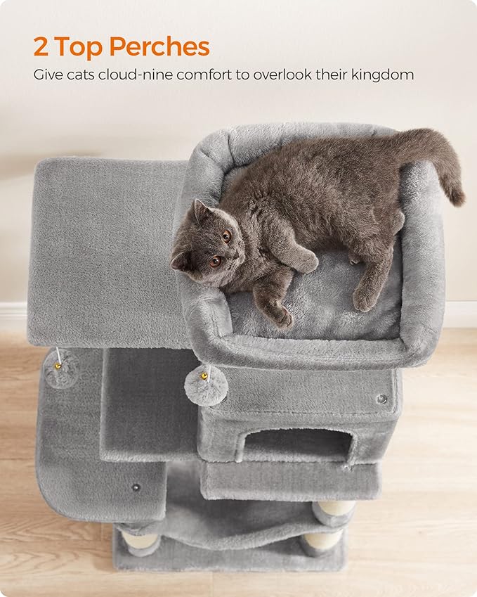 Feandrea Cat Tree, 44.1-Inch Cat Tower for Indoor Cats, Multi-Level Cat Condo with 4 Scratching Posts, 2 Perches, Hammock, Cave, Light Gray UPCT261W01