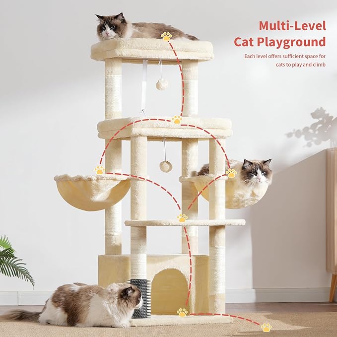 Hey-brother Cat Tree Tower, Scratching Posts with Extra Large Platform, Specious Condo, 2 Cozy Hammocks, Self-Grooming Brush for Indoor Adult Cats, Maine Coon 51.1 inches, Beige MPJ070M