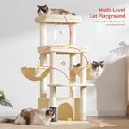 Hey-brother Cat Tree Tower, Scratching Posts with Extra Large Platform, Specious Condo, 2 Cozy Hammocks, Self-Grooming Brush for Indoor Adult Cats, Maine Coon 51.1 inches, Beige MPJ070M