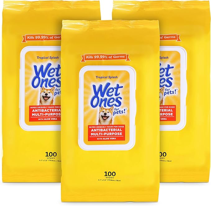 Wet Ones Multi-Purpose Pets Wipes with Aloe Vera for All Dogs - Tropical Splash Wipes for Dog Paws & All Over Use (Pack of 3, 300 Count Total)