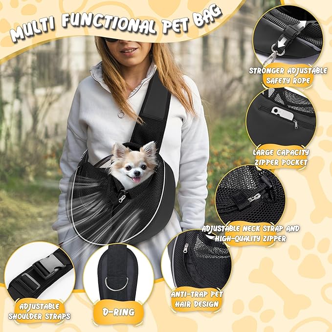 Upgraded Breathable Mesh Dog Sling Carrier for Small Dogs & Cats Up to 10 lbs- Detachable Hard Bottom, Adjustable Strap & Large Pocket - Hands-Free Pet Carrier for Travel Walking Hiking (Black Size M)