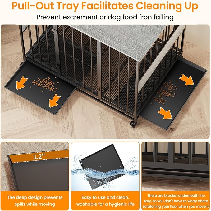 Dog Crate Furniture for Large Dogs, 42 Inch Indoor Large Kennel, Wooden Pet Cage Decorative Corner End Table with Caster Wheels & Double Removable Tray, Greige