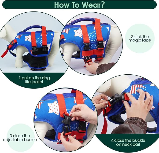 Kuoser Dog Life Jacket High Flotation, American Flag Dogs LifeVest for Swimming Boating, 4th of July Dog Lifejacket with Reflective & Rescue Handle, Lightweight Doggy Life Preserver for Medium Dogs, M