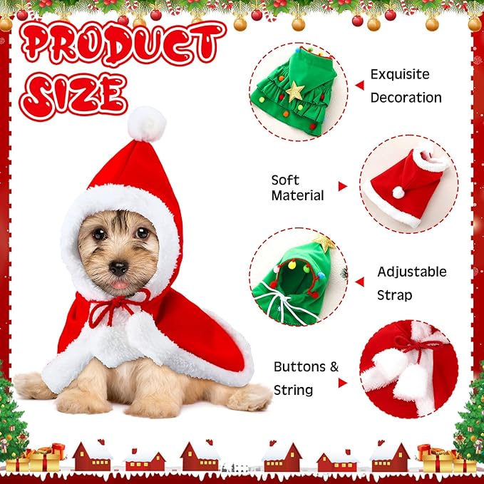 2 Pcs Pet Christmas Costume, Dogs Cats Cape with Hat Santa Claus Cloak and Xmas Tree Cloak with Star and Pompoms, for Dogs Cats Pet Puppy Santa Gifts Christmas Outfit(Medium)