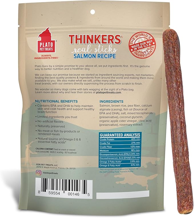 Plato Pet Treats Air Dried Dog Treats Salmon Thinkers Sticks, Natural Dog Treats, Real Meat, Air Dried, Made in the USA, 10oz