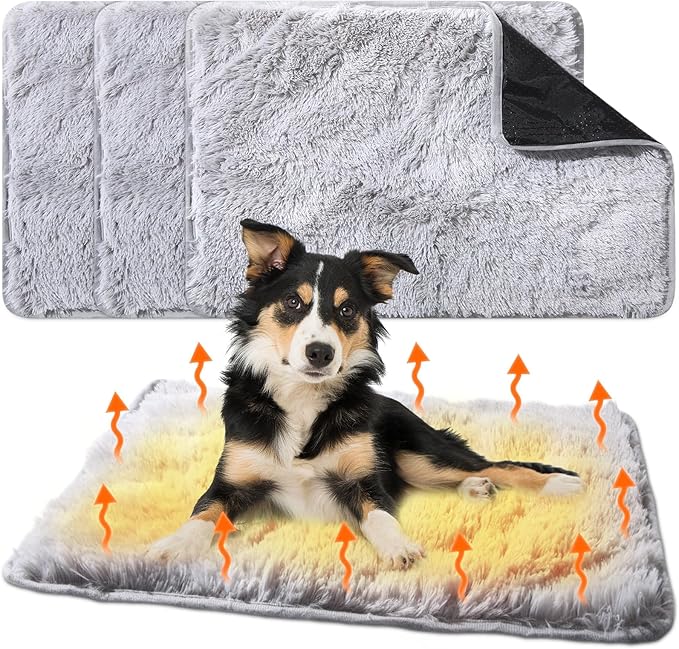4 Pack Self Warming Cat Bed Pad Self Heating Cat Dog Mat with Fluffy Faux Fur Plush Cat Calming Bed Thermal Cat Mat Washable Pet Pad Anti Slip Bottom for Outdoor Indoor Pets(Grey,19 X 29)
