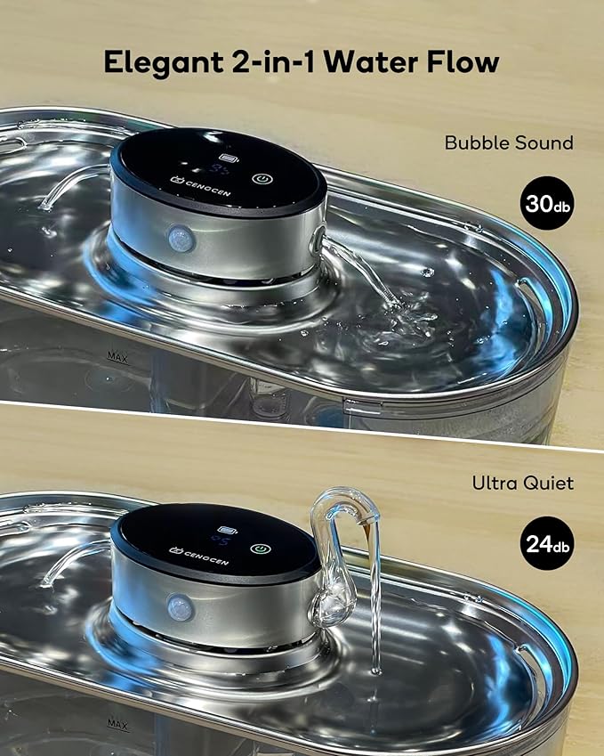 Cat Water Fountain Cordless, 108oz/3.2L Cengcen Wireless Pet Water Fountains Battery Operated 5000mAh, Chew-Proof Charging Cable with Adapter, Stainless Steel Transparent, Premium Edition