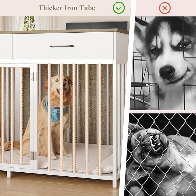 HOSTACK Double Dog Crates Furniture, 71" Wide Indoor Dog Kennel with 3 Drawers, Farmhouse Dog Cage for 2 Large/Medium Dogs, Heavy Duty Dog Crate with Removable Room Divider, Wooden Pet House, White