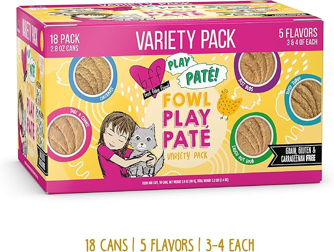 Weruva B.F.F. Play - Best Feline Friend Paté Lovers, Aw Yeah!, Fowl Play Yellow Patés Variety Pack, 2.8oz Can (Pack of 18)