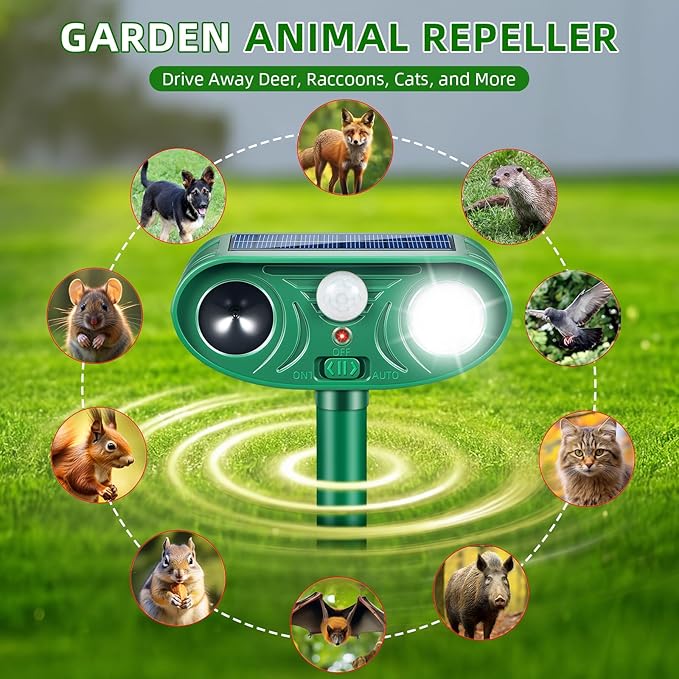 Solar Ultrasonic Animal Repeller Outdoor with Motion Sensor Deer Repellent Devices for Squirrel Repellent Cat Repellent Outdoor Fox Deterrent for Yard