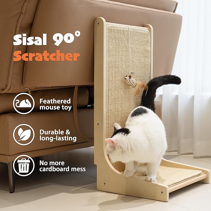 PETKARAY Sisal Cat Scratcher, Upright Cat Scratch Pad Wall Mounted, Vertical Scratching Post Alternative, L Shape Scratching Board 90°