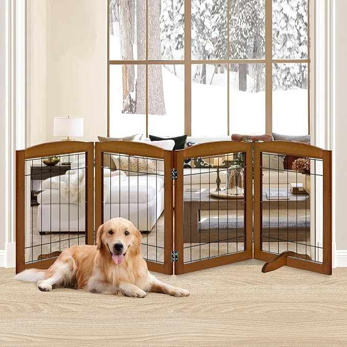 LZRS 4-Panel Freestanding Wooden Dog Gate—Extra Wide 30” Tall Foldable Pet Barrier with Support Feet, Solid Hardwood & Steel Wire Safety Gate for Doorways, Hallways, and Stairs, Cherry