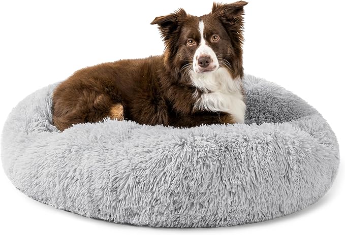 PetAmi Calming Dog Bed for Small Medium Dogs and Cats, Round Donut Washable Fluffy Faux Fur Plush Cuddler Pet Kitten Cushion, Anti-Slip, Fits up to 45 lbs, 30 inch, Light Gray