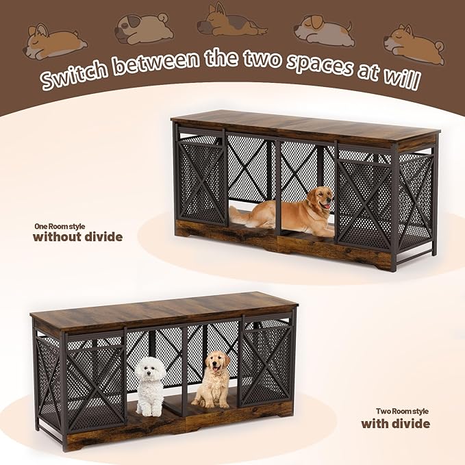 COZPAW 78 Inch Double Dog Crate Furniture, Extra Large Dog Kennel Indoor for 2 Dogs, Heavy-Duty Dog Cage with Divider, Wooden Dog House Decorative Table & Chew-Resistant Steel (Caramel Brown)
