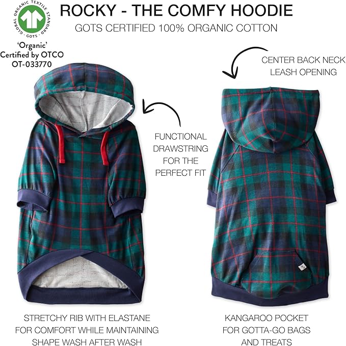 Rocky – The Orginal Lightweight Hooded TEE 100% Organic Cotton Dog Hoodie Pet Coat Sweater for Small, Medium, Large Dogs, Black Watch Plaid, X-Large