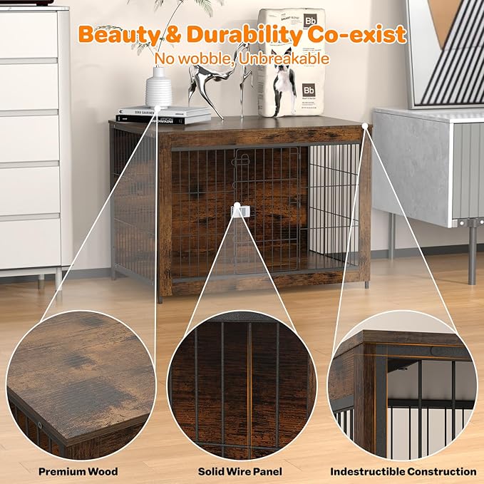 Dog Crate Furniture, Wooden Dog Crate 33in, Decorative Cage with End Table for Dog Indoor Kennel, High Anxiety Dog, Escape-Proof Locks for All Breeds