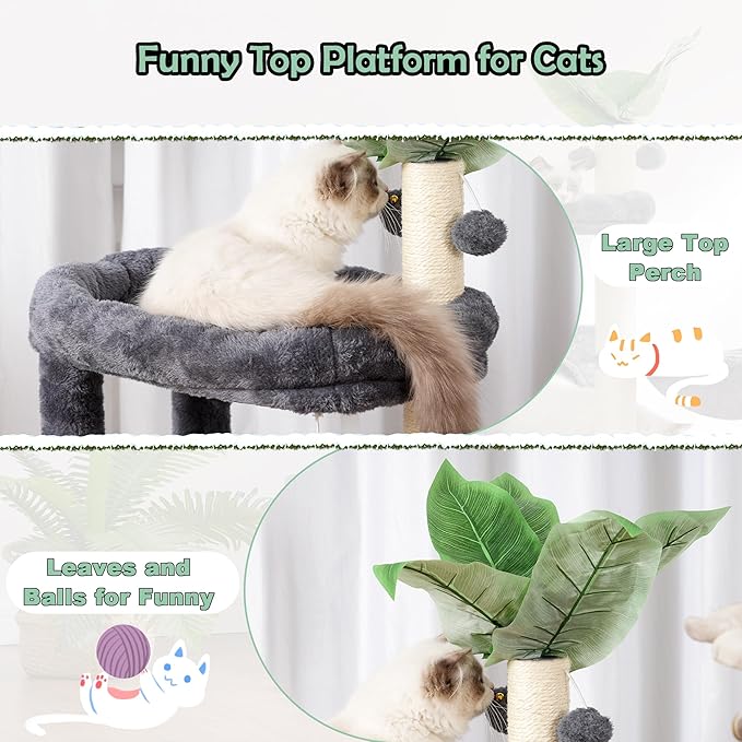 Cat Tree for Indoor Cats Large Adult, Heavy Duty Cat Tower for Big Cats, Cat Tree House with Self Groomer Brush, Big Padded Top Perch, Scratching Post, Hammock, Smoky Gray GCT012G