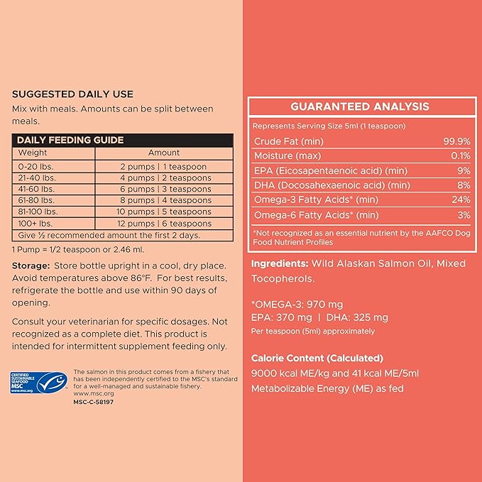 Pure Wild Alaskan Salmon Oil for Dogs - 8 oz. Pump Cap - Toxin Free Dog Fish Oil Rich in Omega-3 and 6, Vitamin D, EPA, and DHA for Healthy Skin and Coat - Pink, COHO, and Sockeye Salmon