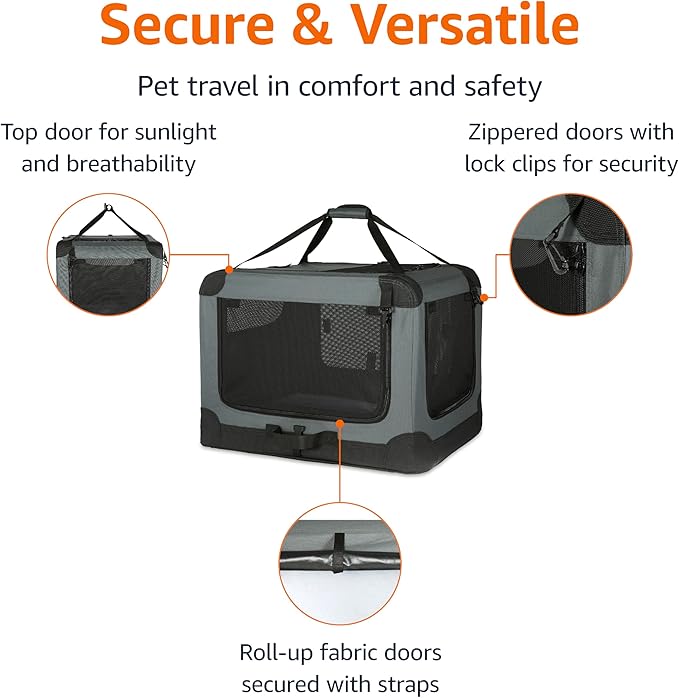 Amazon Basics Portable Dog Crate Pet Carrier 4-Door Soft Folding Cat Carrier Large, 36L x 24W x 24H inches, Grey