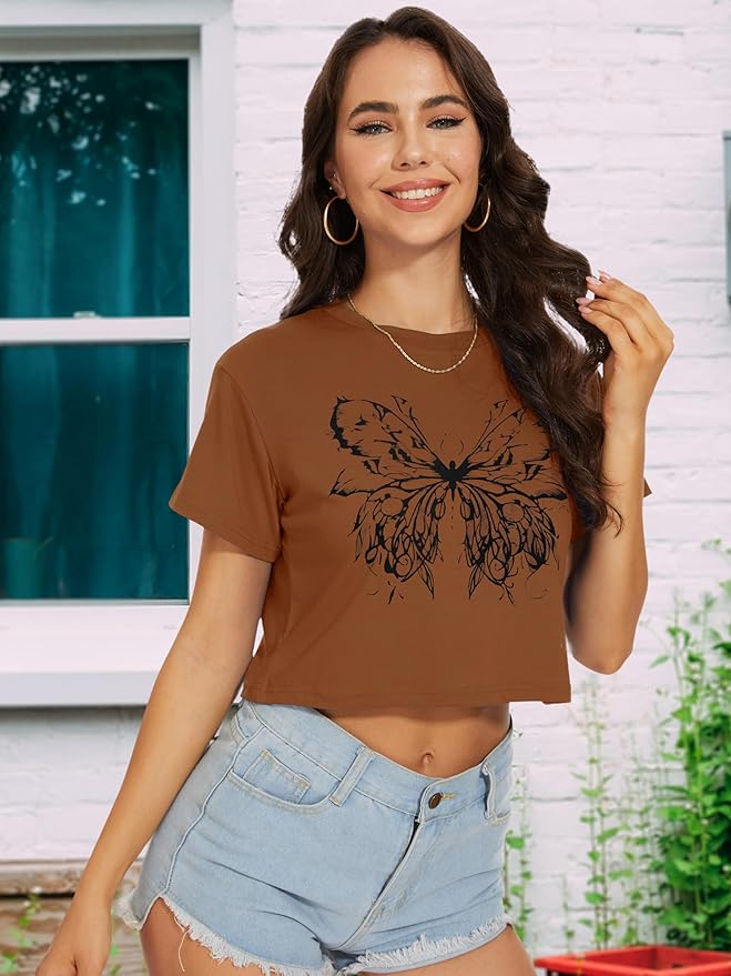 Womens Summer Crop Tops Short Sleeve Round Neck T-Shirts Loose Fit Casual Blouse