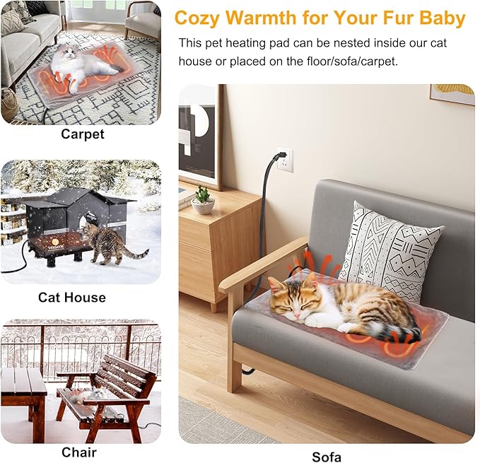 Texsens Pet Heating Pad for Cats and Dogs - Heated Cat Bed with Chew Resistant Cord and Removable Soft Cover - 23.6 x 11.8 Inches - 28 Watts - Fits Outdoor Cat House